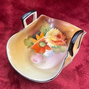 Noritake Hand Painted Flowers Folded Basket Bowl Handle Gold Yellow Red Green